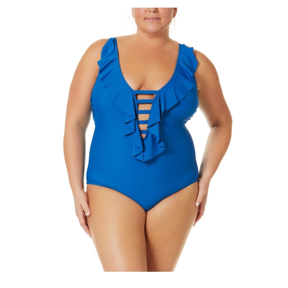 Terra and Sky Womens Plus Solid Tricot Cage One Piece  2X Blue Earth